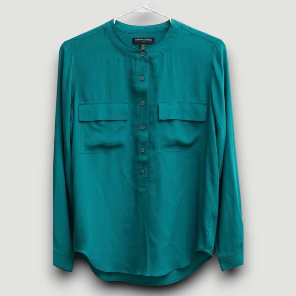 Banana Republic Blouse Womens XS Teal Silk Luxury Chic Professional Officecore - Picture 3 of 7